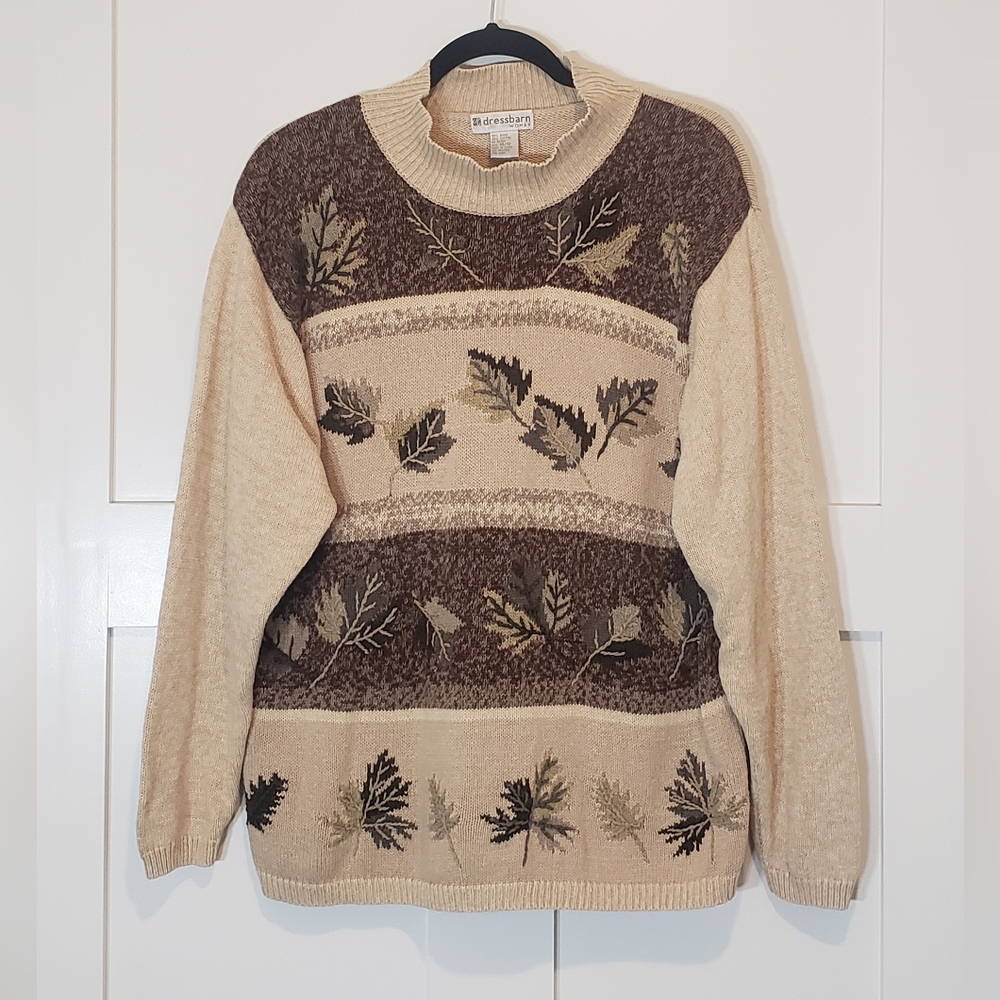 Dressbarn Vintage Sweater Embroidered  Leaves Mock Neck Size Large Tan Brown